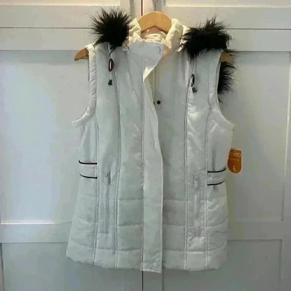 Sporto Women’s Puffer Vest Cream Faux Fur Trim Hooded Drawstring Size Medium NWT